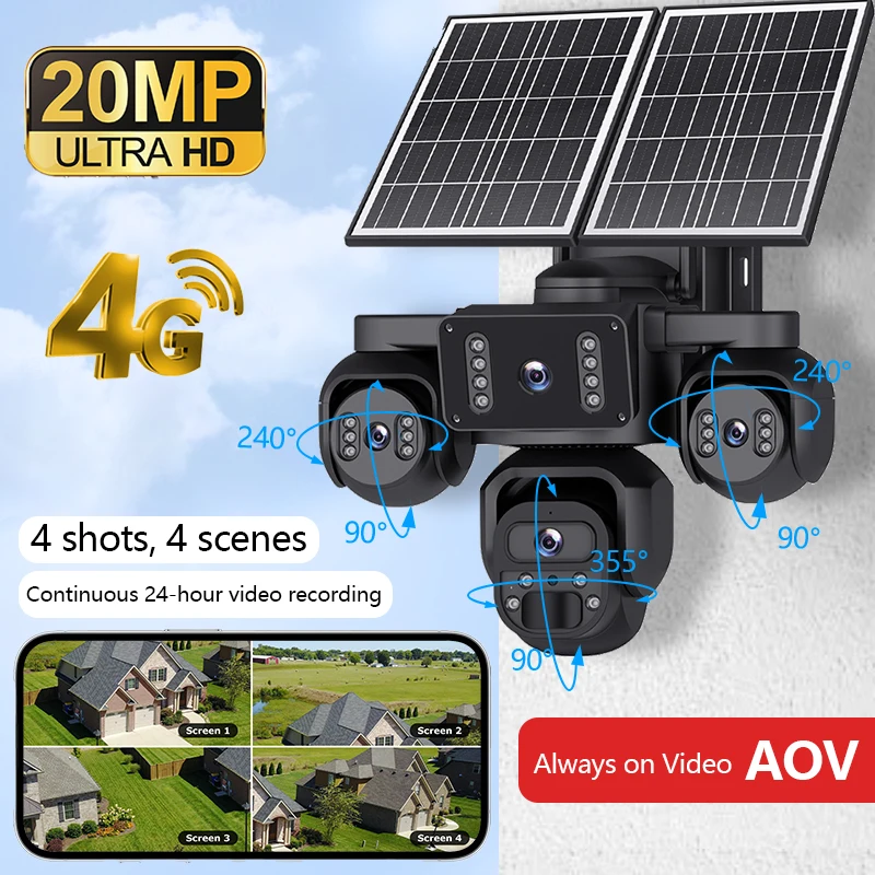

4G solar-powered camera with high-definition quad-lens, 20MP, outdoor waterproof night vision surveillance mobile phone control
