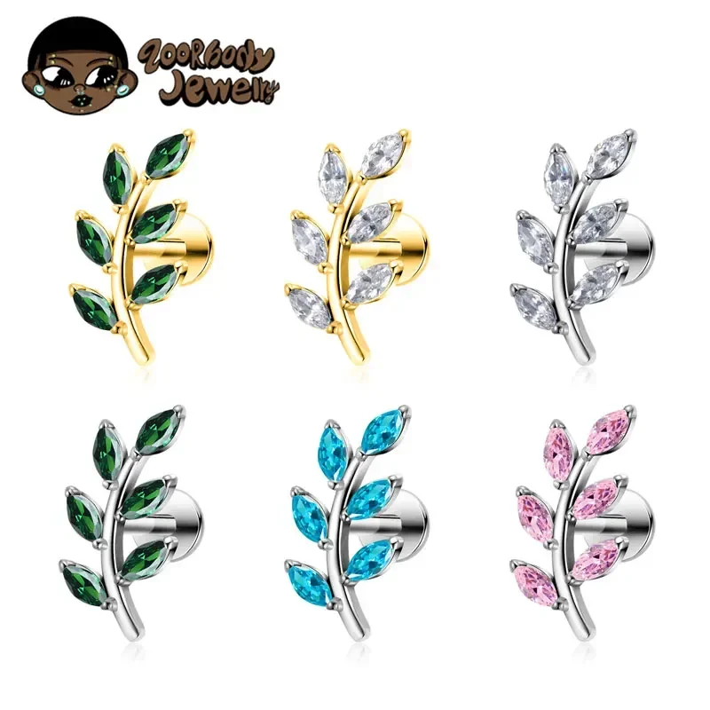 G23 Titanium 16G Marquise CZ Leaves Stud Earring Leaf Shaped Helix Cartilage Conch Flat Back Implant Grade Piercing Jewelry