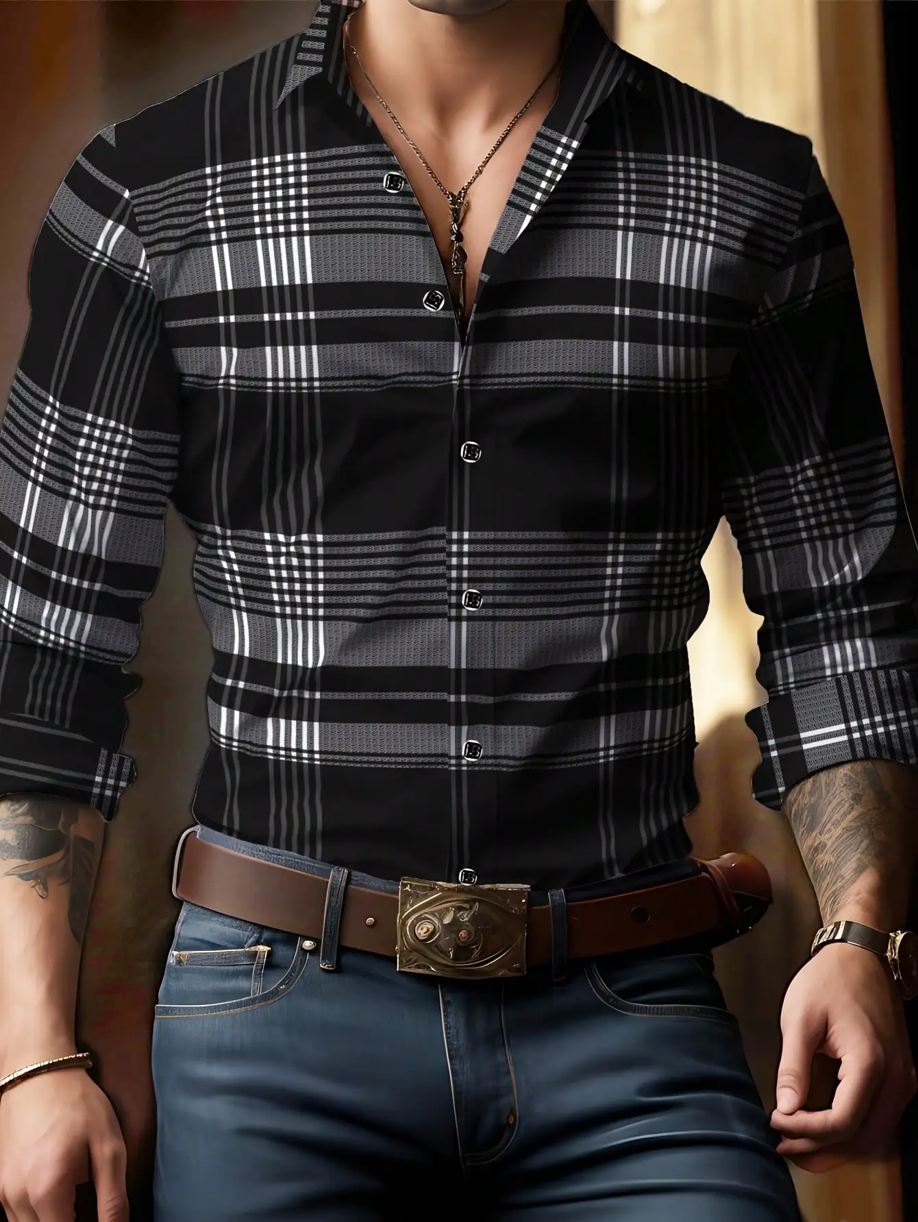 

Men's Black Gray White Plaid Long Sleeve Button-Down Shirt
