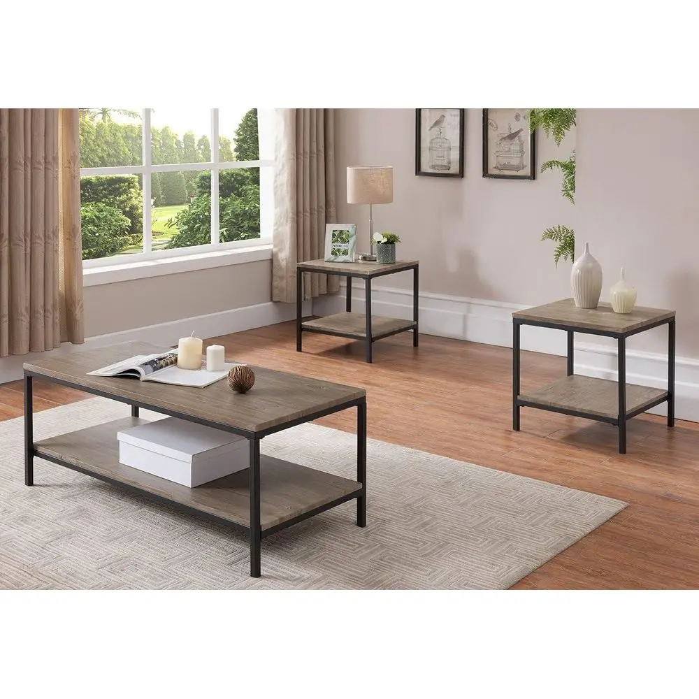 

Gray Wood & Black Metal 3-Piece Occasional Table Set – Coffee Table with 2 Side Tables