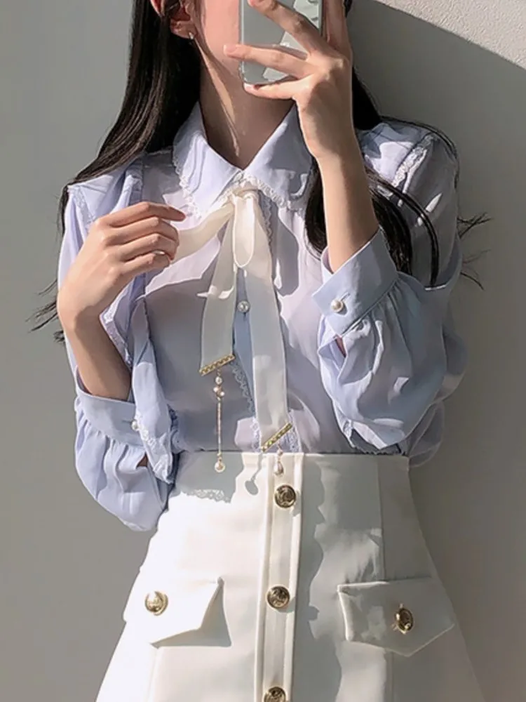 Spring Summer Women\'s Ruffles Cute Bow Tie Ladies Tops Preppy Style Vintage Korea Design Button Elegant Formal Shirts Blouses