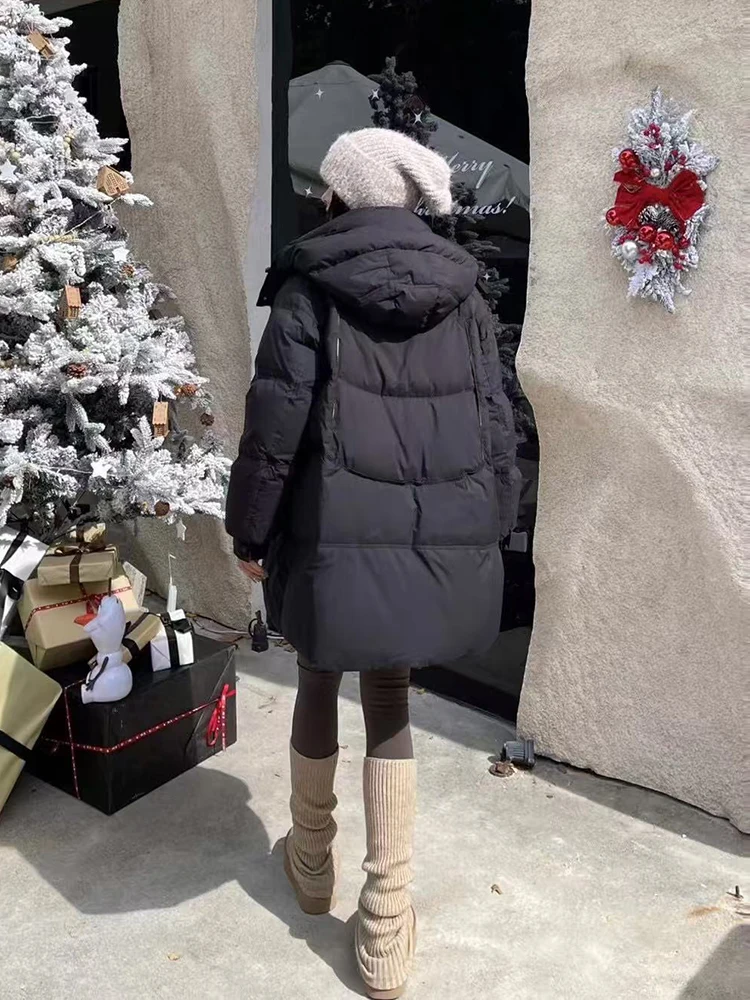 الشتاء فضفاض مقنعين منتصف طول أسفل سترة المرأة الأبيض بطة أسفل الصلبة سستة باركر أبلى الإناث رشاقته الدافئة جيب جاكيتات