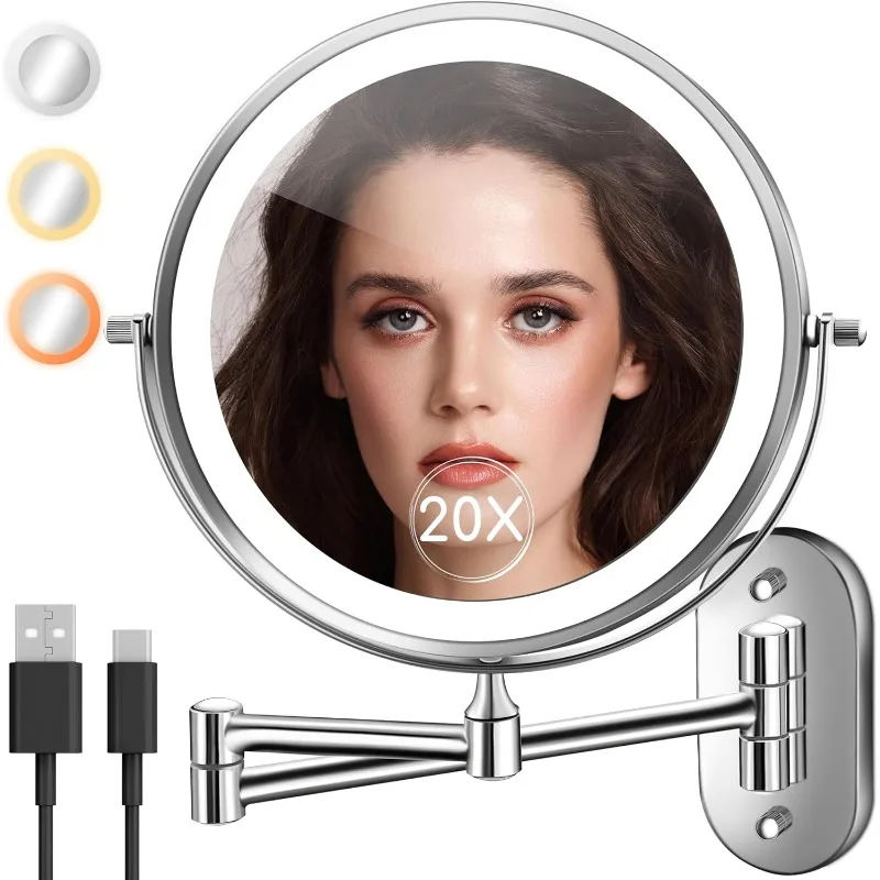 

Wall Mounted Makeup Mirror with Light, 20X/1X 8'' Double Sided LED Magnifying Bathroom Lighted Vanity Mirror with Magnification