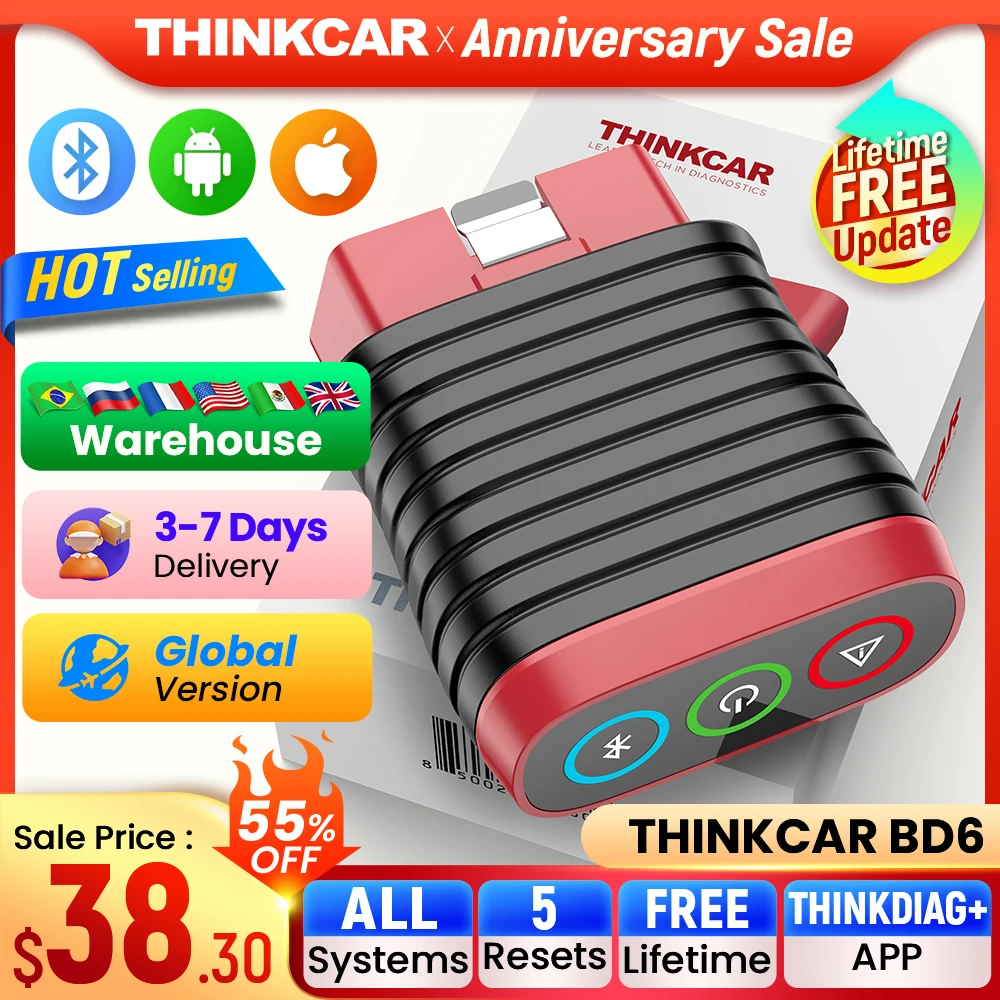 THINKCAR BD6 OBD2 Bluetooth Scanner Full System Diagnostic OIL IMMO ETS BLEED Brake Reset Lifetime Free Auto VIN Car Code Reader