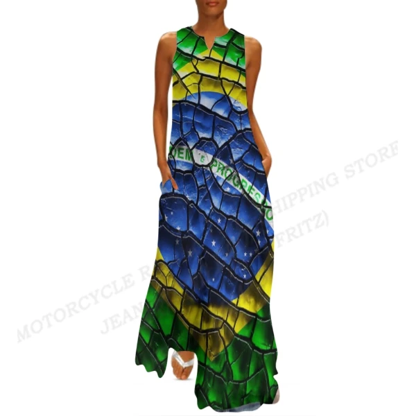 Brazil Flag Dress Women Fashion V-neck Long Dress Party Evening Casual Brasil Women Dresses Elegant Boho Maxi Vestido Beach Robe