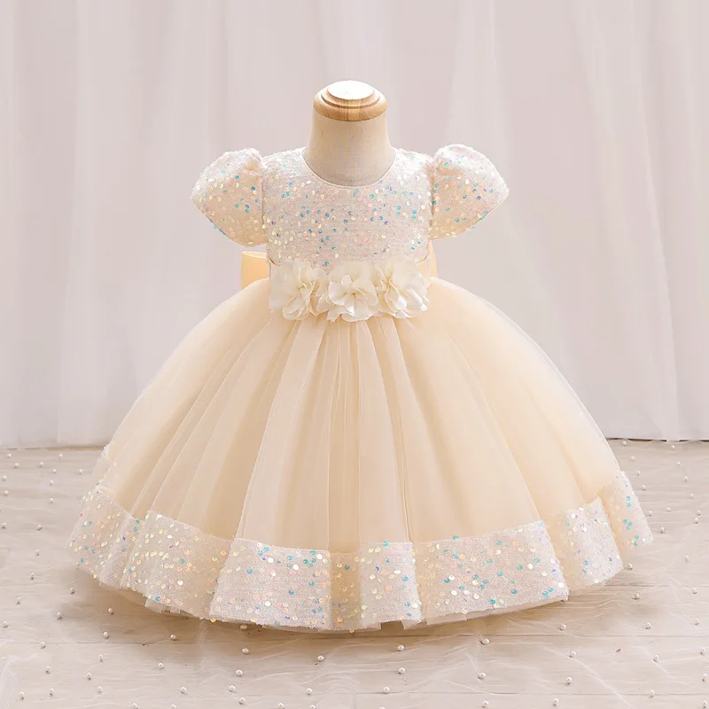 

2025Girls' New Short Sleeve Sequin Flower Bow Puff Princess Dress