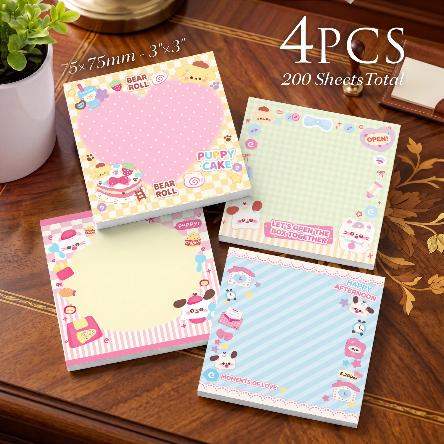 4PCS Cute Puppy Sticky Notes 200 Sheets Pastel Cartoon Memo Pads Writing Notes Daily Reminder Office School Stationery