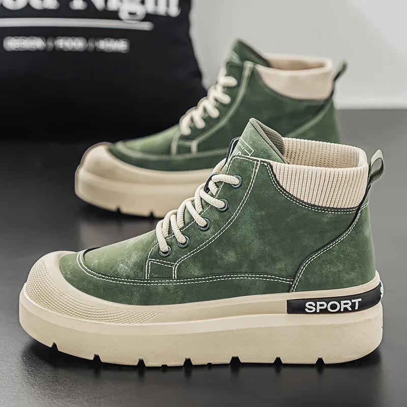 

Fashion Green High Top Shoes Men Autumn Platform Casual Shoes For Men Comfortable Lace-up Men's Vulcanize Shoes chaussure hommes