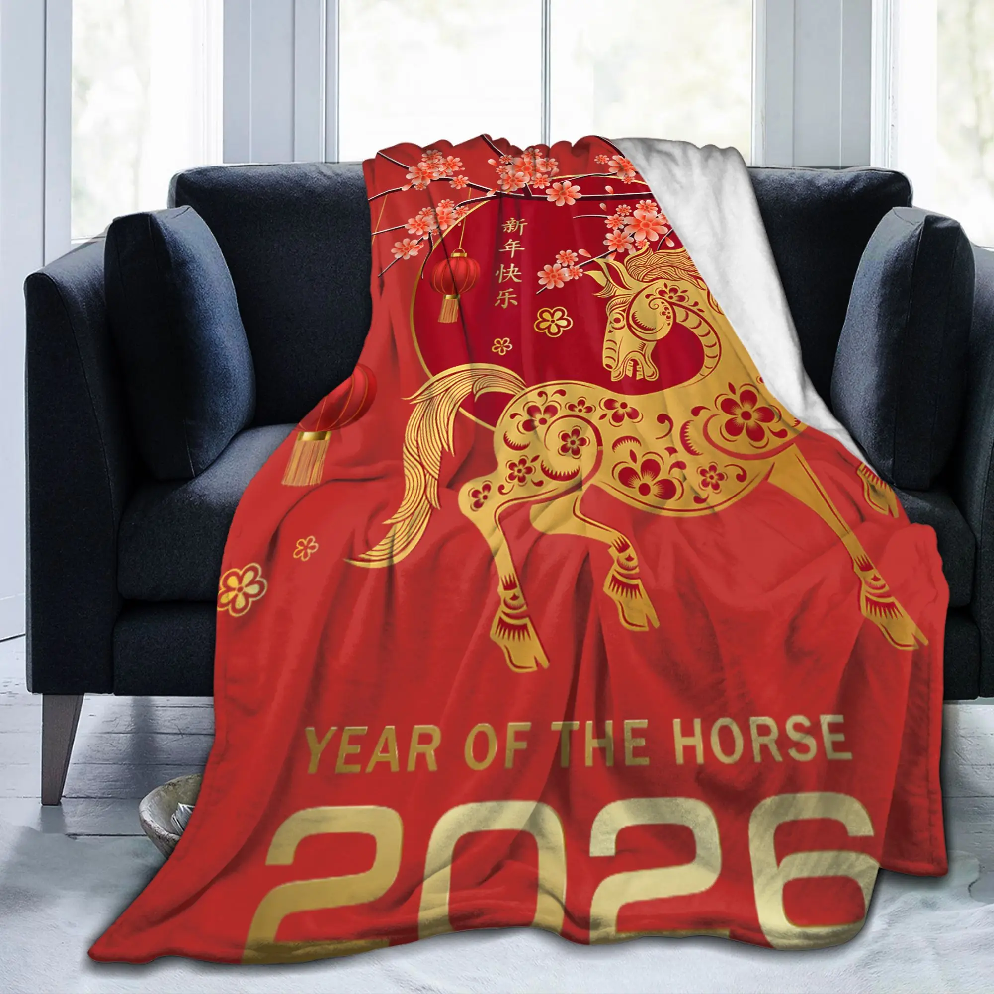 Lunar New Year 2026 Chinese-Style Fleece Throw Blanket Year of The Horse for Sofa Knitted Blanket Outdoor Warm Portable Quilt