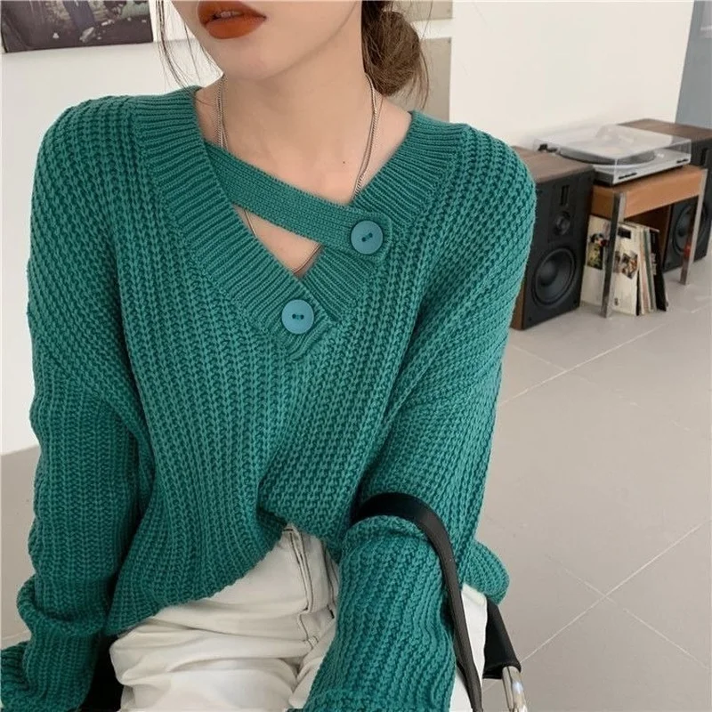 Korean Style Sweaters for Women Long Pullover Clothes Knitted Y2k Sweater with Buttons Vintage Crochet Tops Green Fashion Thick