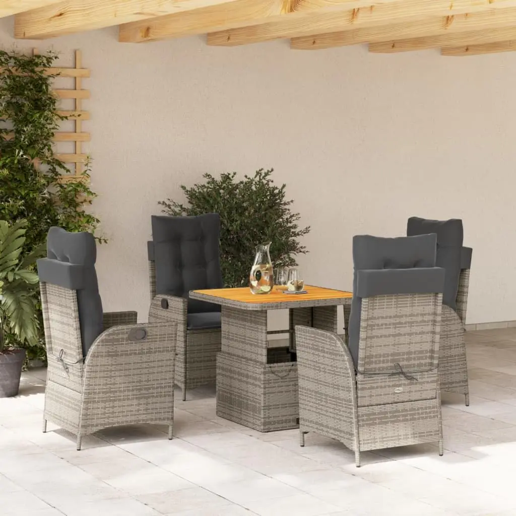 5 Piece Gray Poly Rattan Patio Dining Set with Cushions, Outdoor Garden Poolside Furniture Set, Customized
