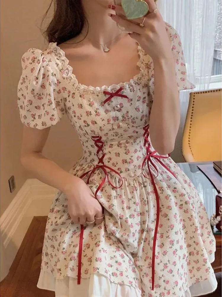 2024 Summer Small Fresh Gentle Floral Dress Summer Sweet Bubble Sleeve Bow Tie Princess Dress Lace Ruffle Temperament Dress