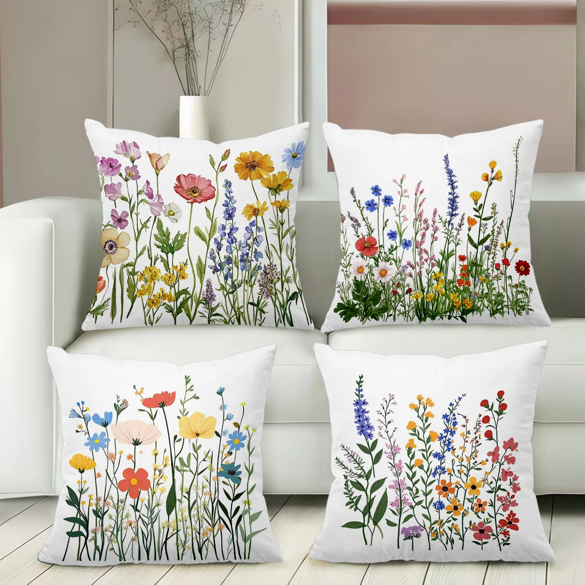 Colorful Wildflower Pattern Decorative Throw Pillow Cover Polyester Sofa Cushion Case for Living Room Bed Home Decor