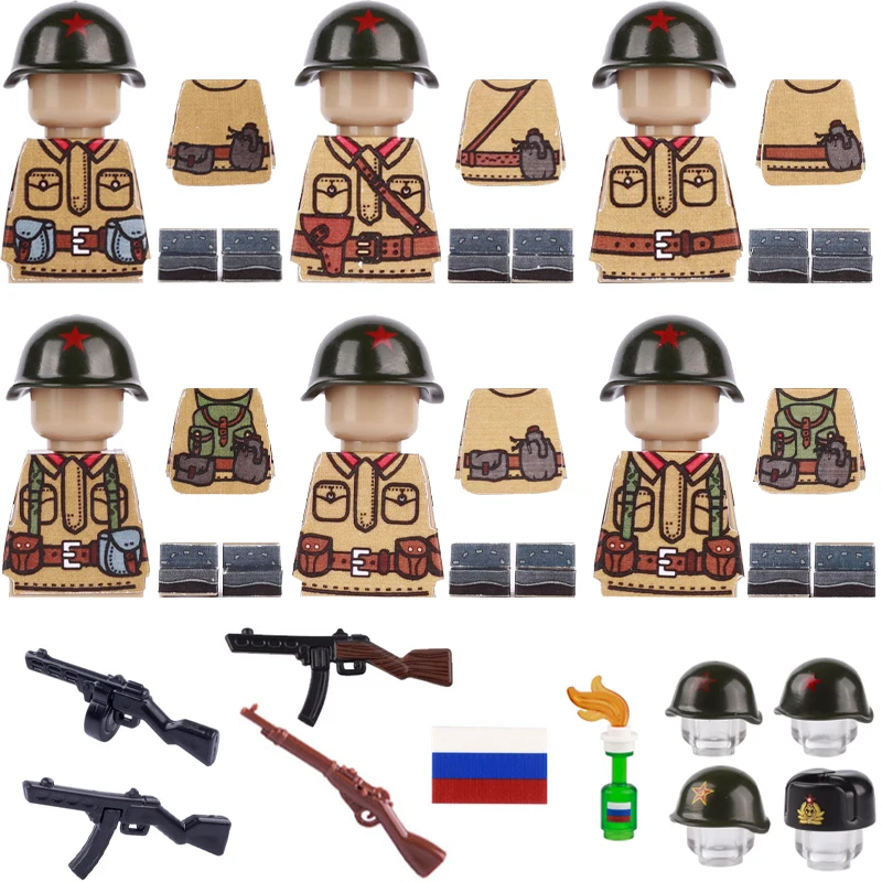 WW2 Soviet Soldier Clothing Brick Sticker Building Block Mini Printed Parts Material Box PPSH Weapon Figures Accessories DIY Toy