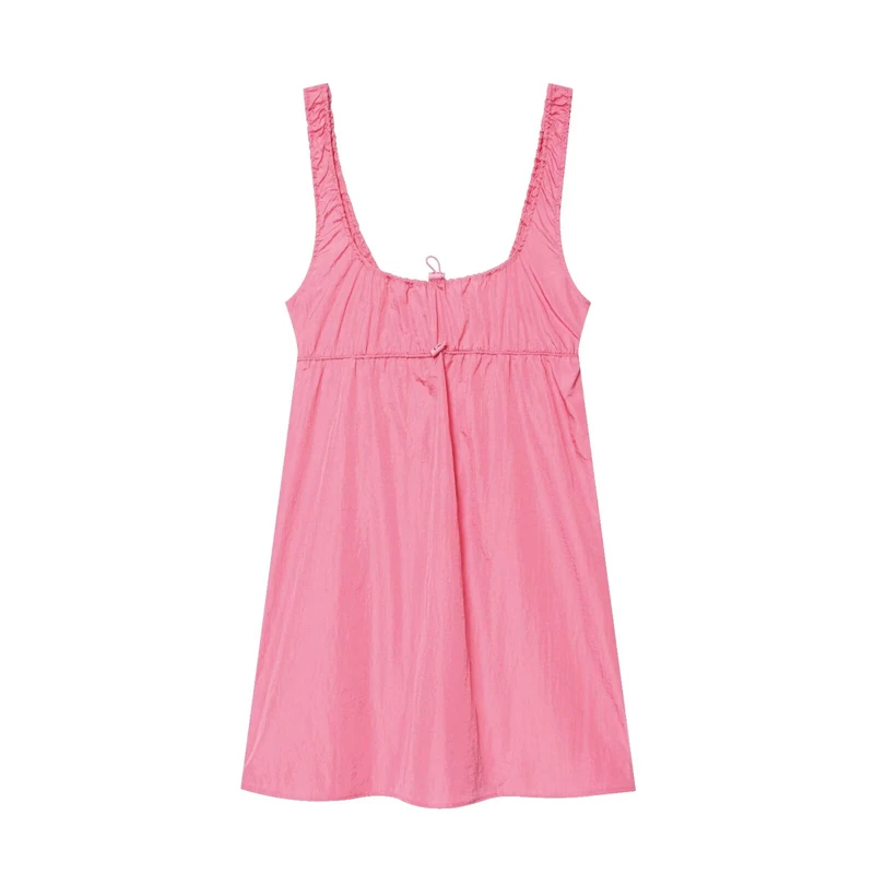 KEYANKETIAN 2026 Square Neck Cami Mini Dress Adjustable Drawstring Waist Ruched Straps Loose Solid Casual Vacation Sundress