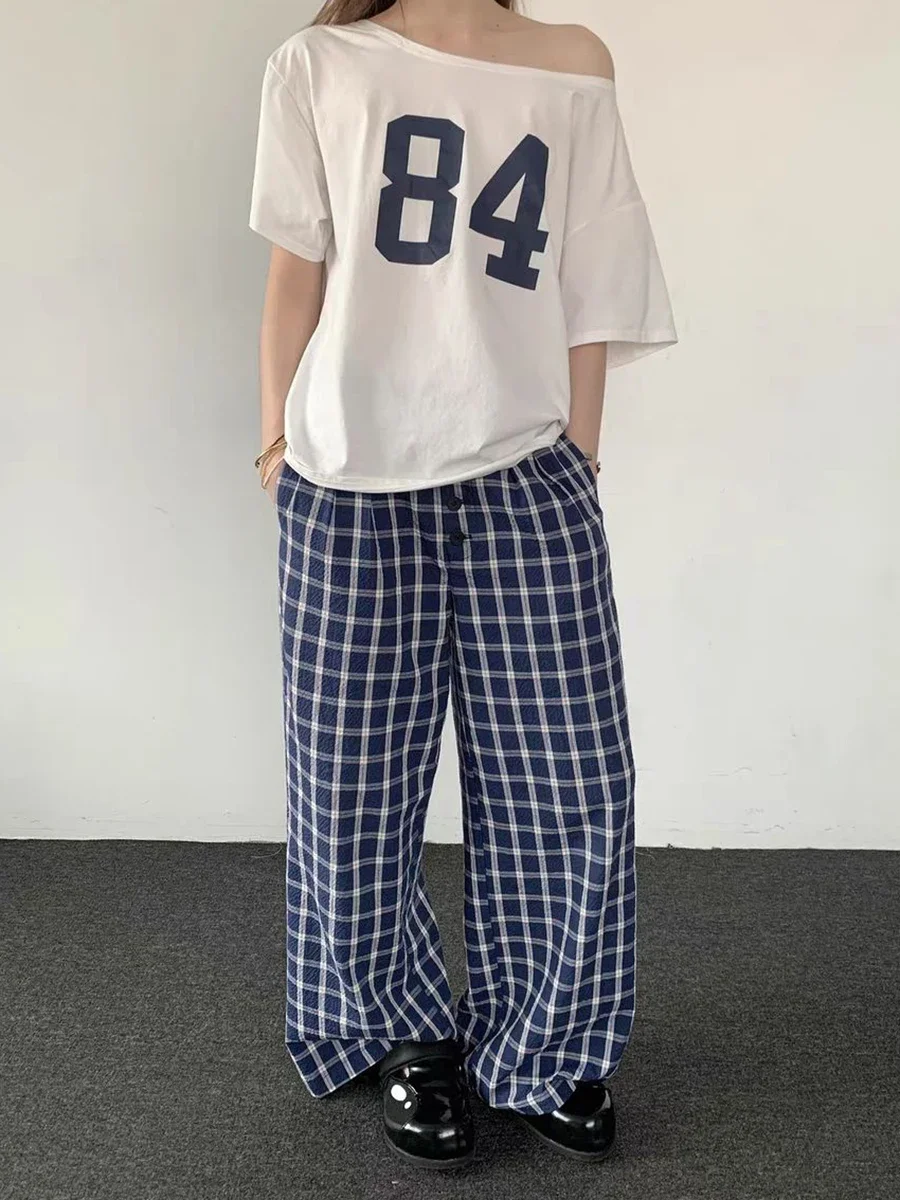 

Woman Plaid Blue Straight Long Pant High Waist Buttons Pockets Loose Trousers Summer Casual Harajuku Streetwear Baggy Pants Y2k