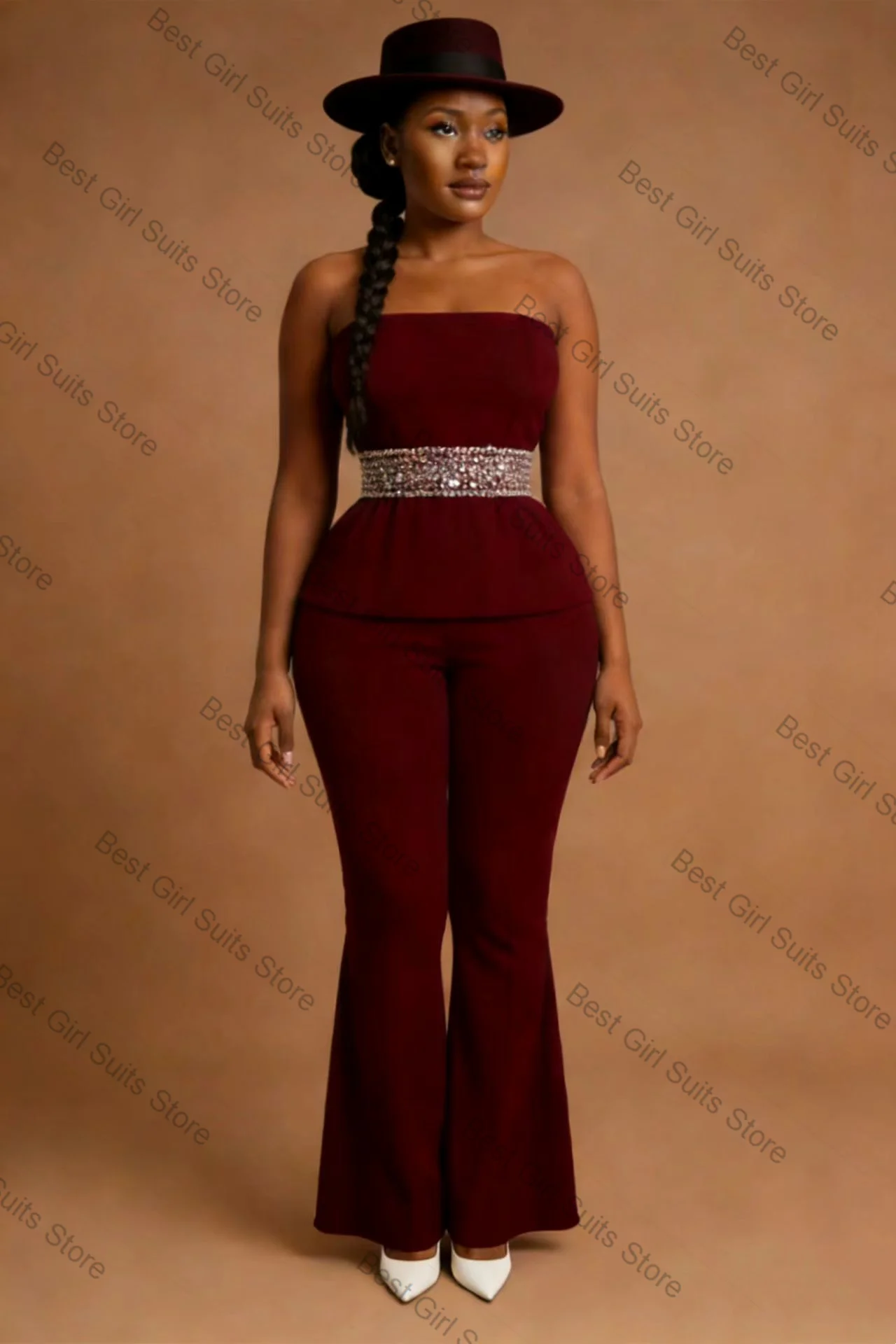 

Burgundy Women Suit Pants Set 2 Piece Sexy Top+Trousers Crystals Spring Autumn Formal Office Lady Jacket Customized Wedding Coat