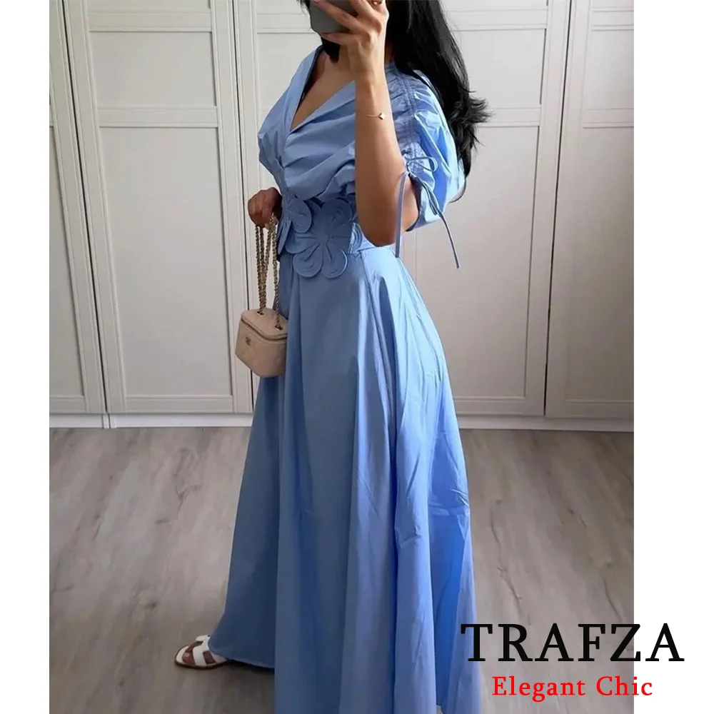 TRAFZA Vintage Cubic Floral V-Neck Short Sleeve Drawstring Maxi Dress Women New 2024 Spring Summer Fashion Party Holiday Dress