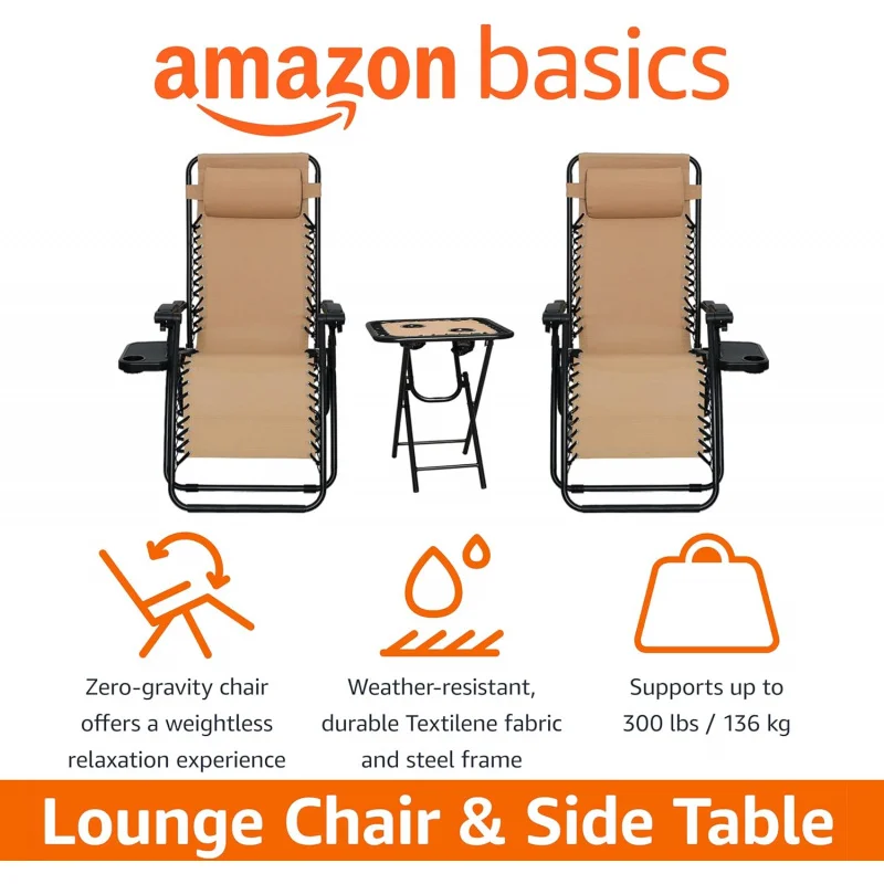 Conjunto de 2 poltronas reclináveis ajustáveis de malha TTQ Zero Gravity com mesa lateral, 35 x 26 x 43 polegadas, bege KH