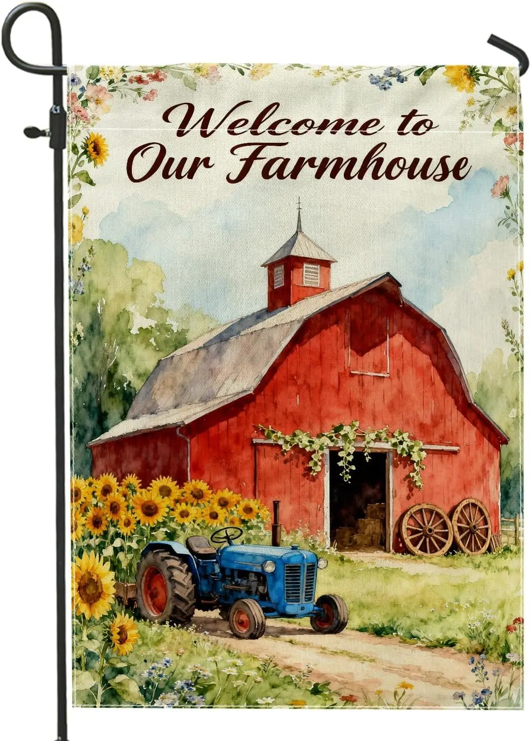 Barn Garden Flag, Farmhouse Rustic Tractor Sunflower Summer Red Double Sided Burlap Small Garden Yard Flag for Outdoor Patio MMZ
