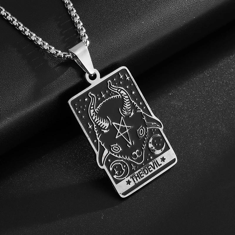 Men Women Stainless Steel Gothic Tarot Card Sheep Head Inverted Five-Pointed Star Pendant Necklace Retro Punk Jewelry