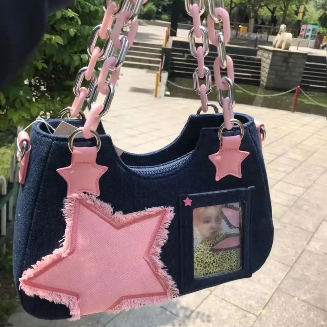 Splicing Hit Color Handbag Niche Design Chain Cowboy Handbag Star American Retro Itabag Y2k Shoulder Bag 2023 New Women\'S Bag