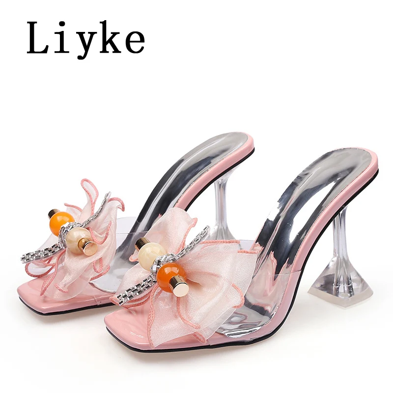 Liyke 2024 New Fashion 9CM pantofole con tacco trasparente rosa filato netto Bowknot sandali estivi scarpe trasparenti per le donne muli Slides