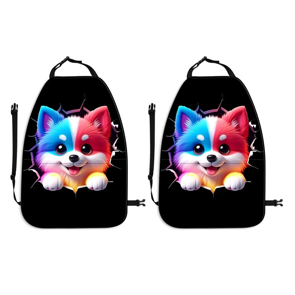 2pcs Of Vibrant Two-Color Cute Puppy Printed Car Seat Back Covers, Featuring Storage Pockets, Rear Seat Protection Kick Mats, Ma
