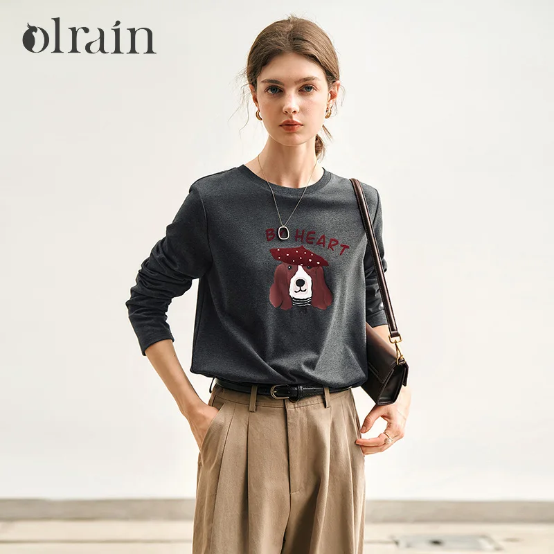 

OLrain Printing T-shirt Woman Spring 2025 New Cotton Knitted Crewneck Casual Loose Long Sleeve Comfort Gray Tops M57CT95629