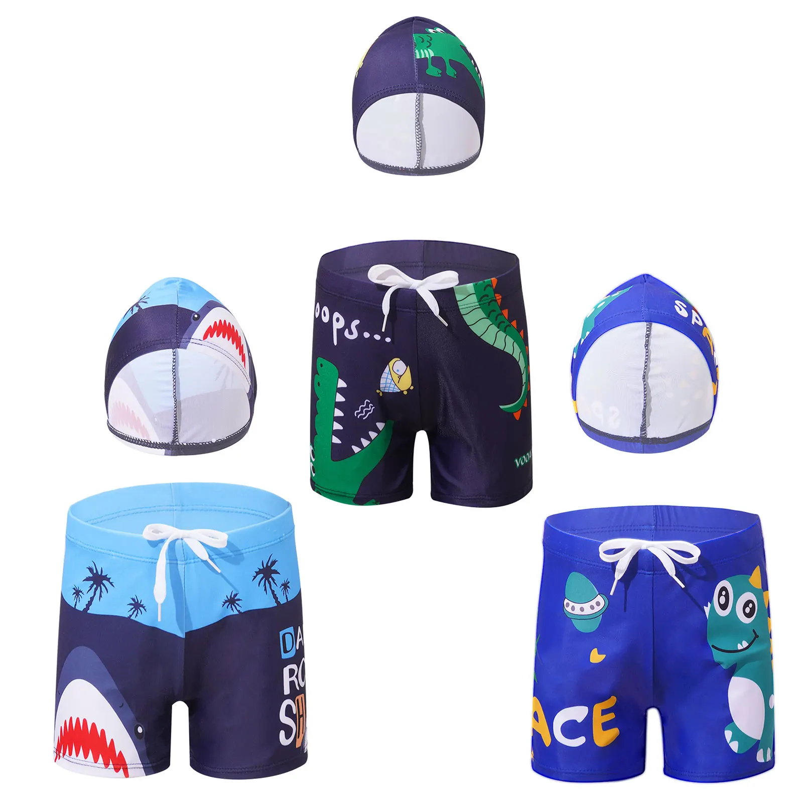 Kids Boys Swim Trunks Elastic Waistband Drawstring Cartoon Print Swim Shorts and Hat Swim Bottoms Bathing Suit Swimwear