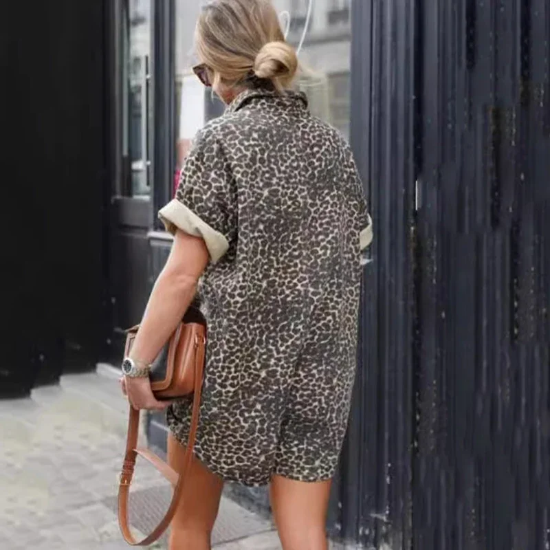 Summer New Casual Printed Jumpsuits for Women Fashion Leopard Single Breasted Short Sleeve Loose Straight Sports Suit Jumpsuit