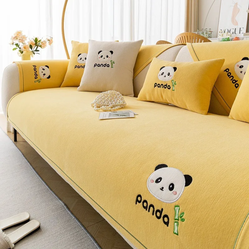 

Thickened Baby Velvet Sofa Mat Panda Pattern Anti Slip Solid Color Seat Cushion Leather Sofa Protect Blant Backrest Towel