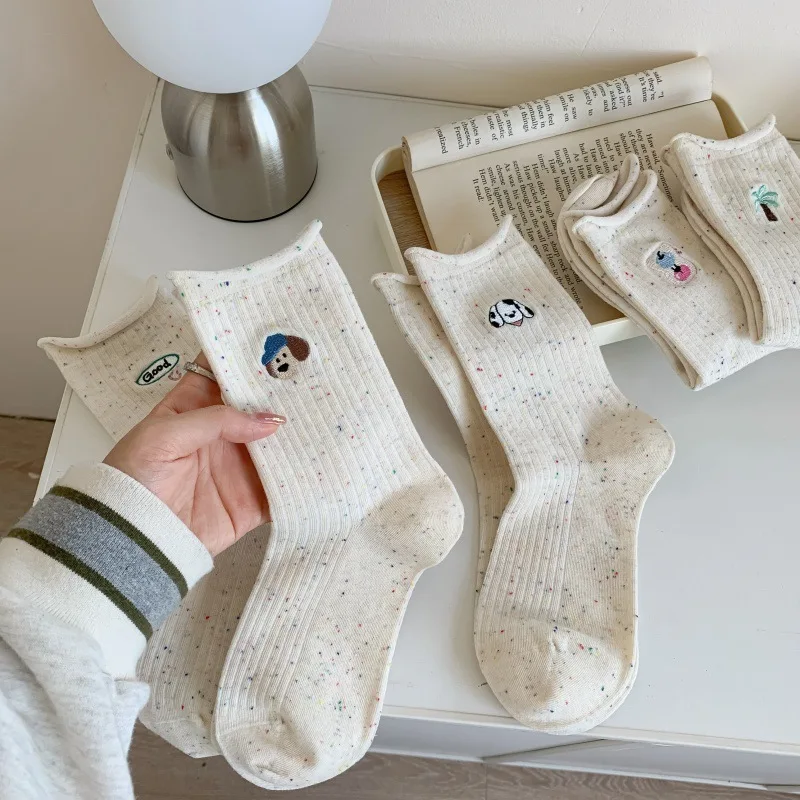

Women's Socks Spring/Summer Dog Curled Edge Embroidered Small White Socks Simple Style Cartoon Cute Combed Cotton Pile Socks