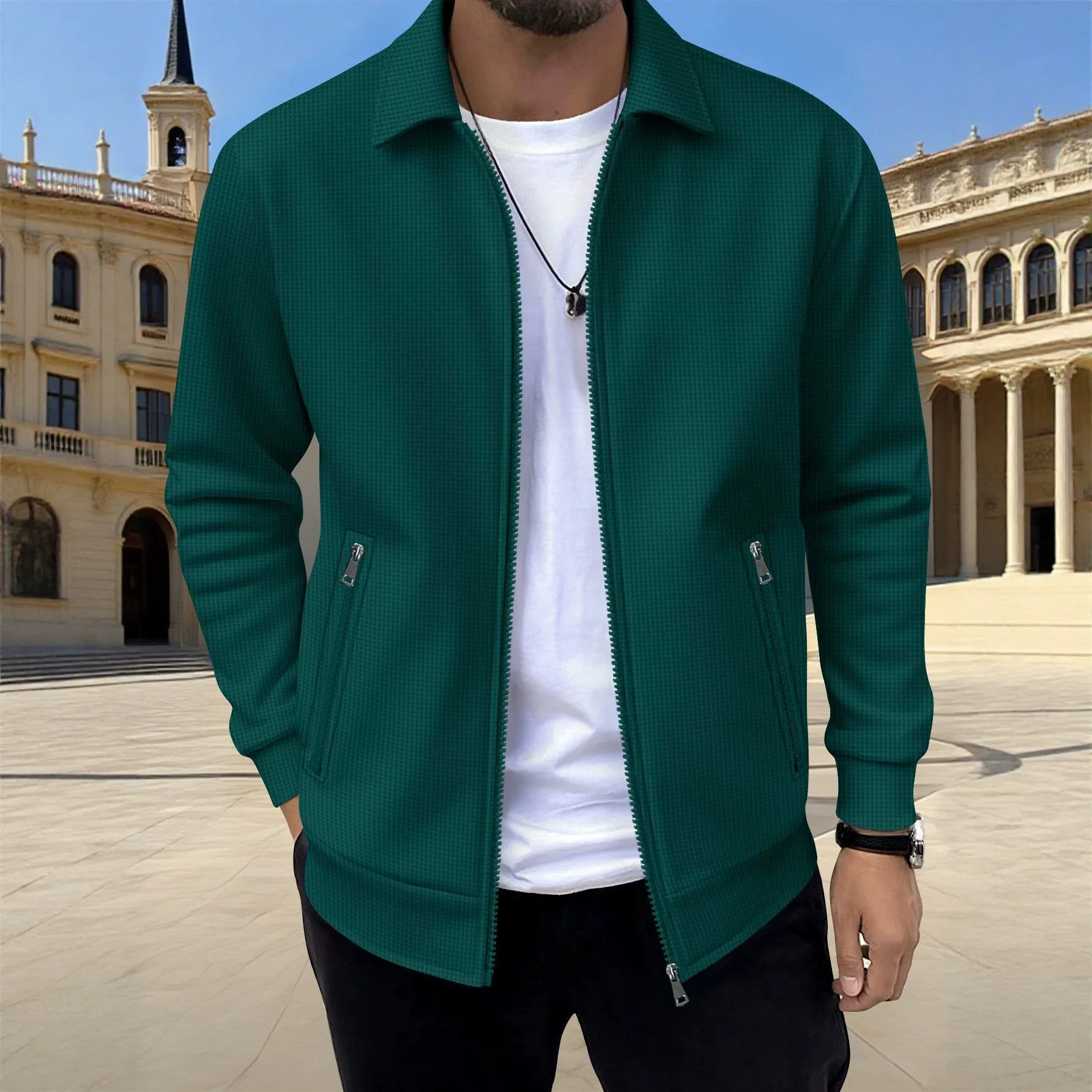 Herren-Waffelstrickjacke mit Knöpfen und Reißverschluss – Langer, lässiger Mantel mit Reißverschluss und Reißverschlusstaschen – unverzichtbar für Einkäufe und Verabredungen – Detail 20