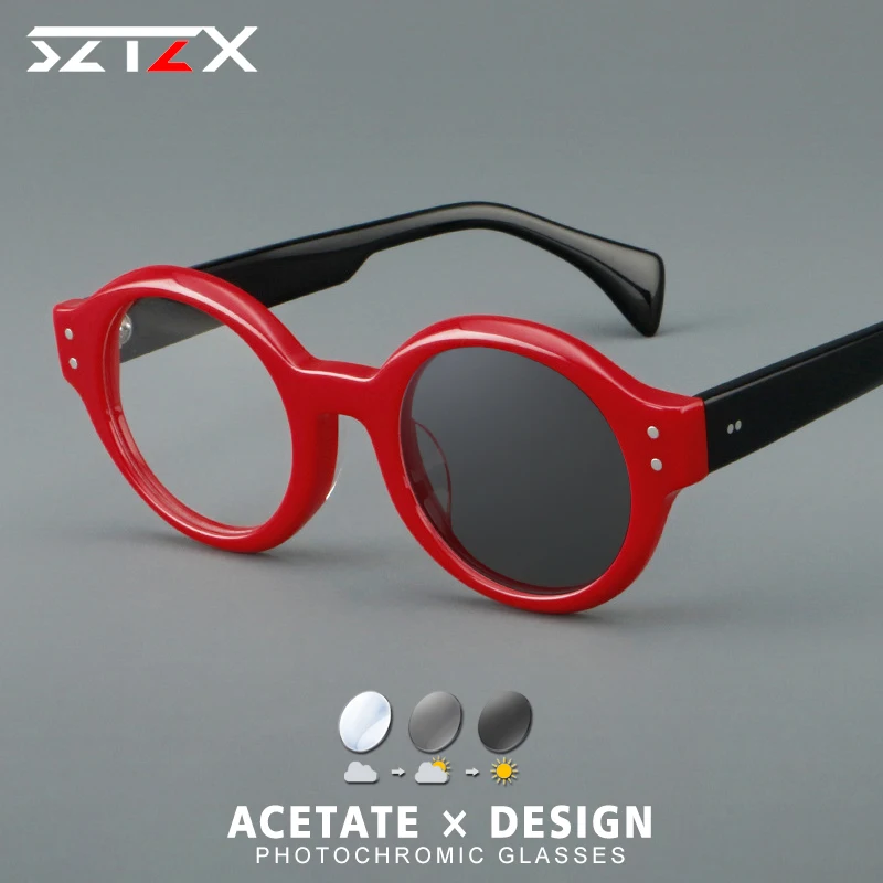 

SZTZX Men Photochromic Acetate Myopia Glasses Woman Retro Round Frames Prescription Custom Blue Light Filter Reading Eyewear