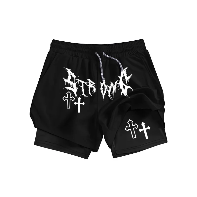 

Summer Gothic Print Men'S 2-In-1 Crossover Shorts Streetwear Sports Fitness Running Pants Four Seasons Casual Shor