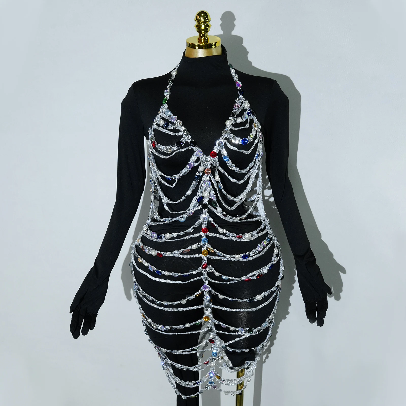 

Sexy polychrome Chain Crystals Hollow Dress Party Fashion Club Model Dresses Party Singer Stage DS DJ dance Clothing drag queen