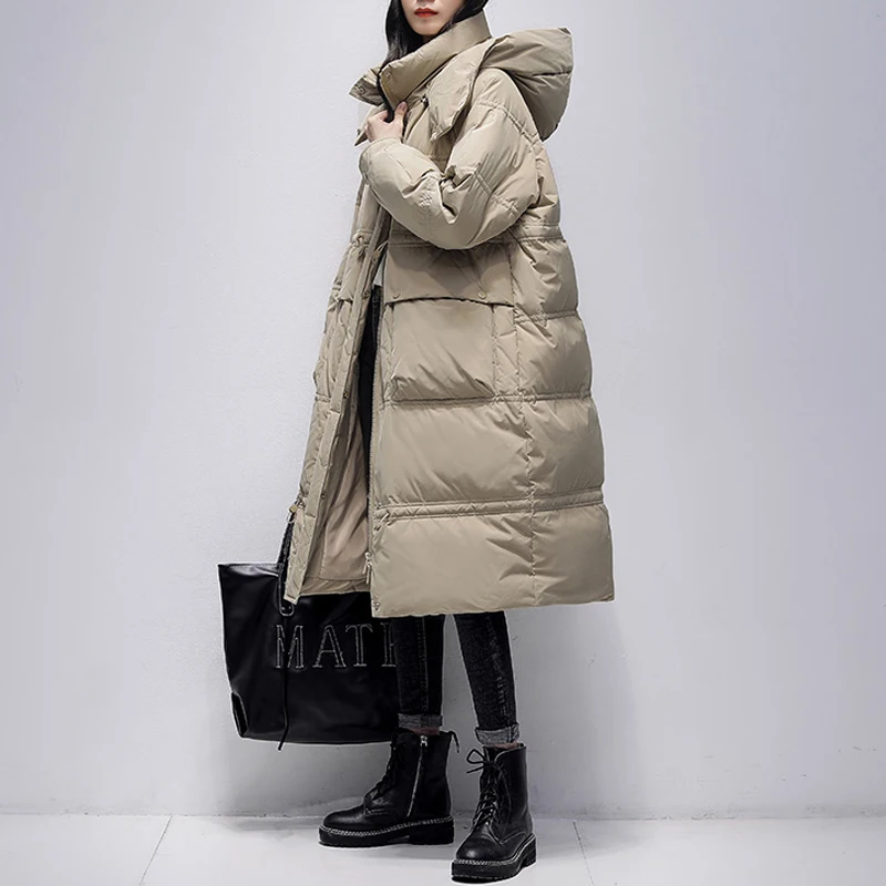 

Warm Hooded Down Jacket Women's 2022 Winter New Loose Fashion 90%White duck down Thicken Parka Coats Female Casual Long Clothes