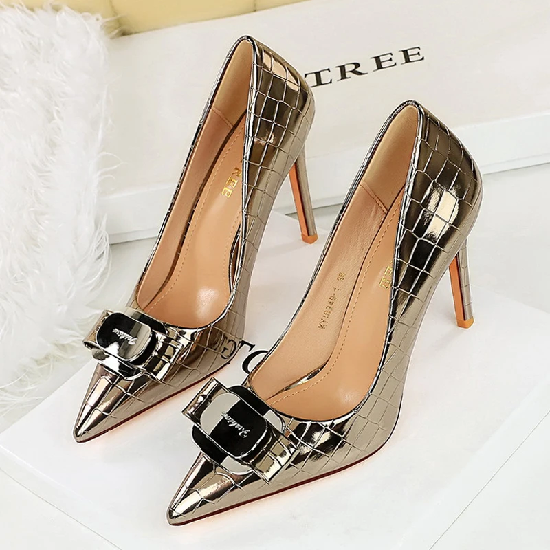 BIGTREE Fashion Patent Leather Metal Buckle Pointed Toe Women Pumps Stilettos Elegant Shoes Zapatos De Mujer