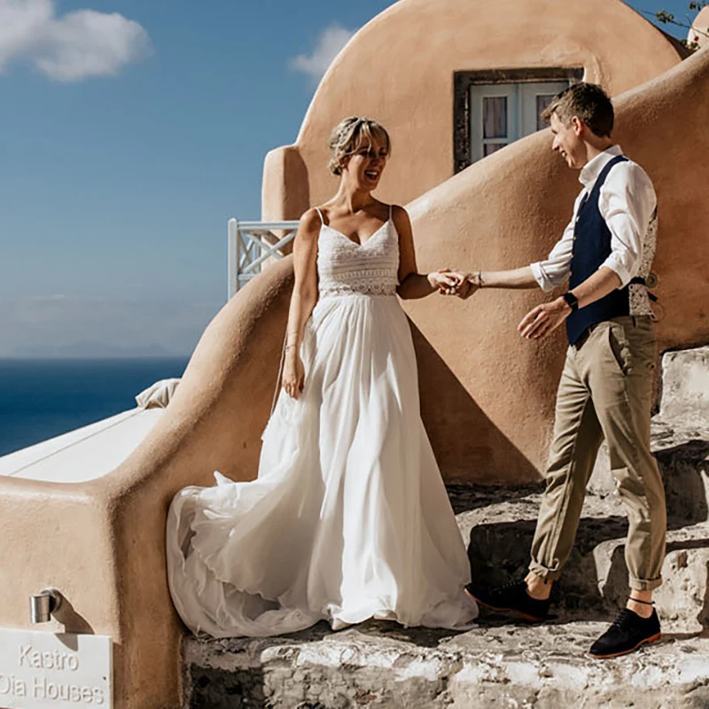 Duas peças boho chiffon vestido de casamento colheita superior boêmio navio da gota sem costas 2022 princesa praia cintas de espaguete laço vestido de noiva