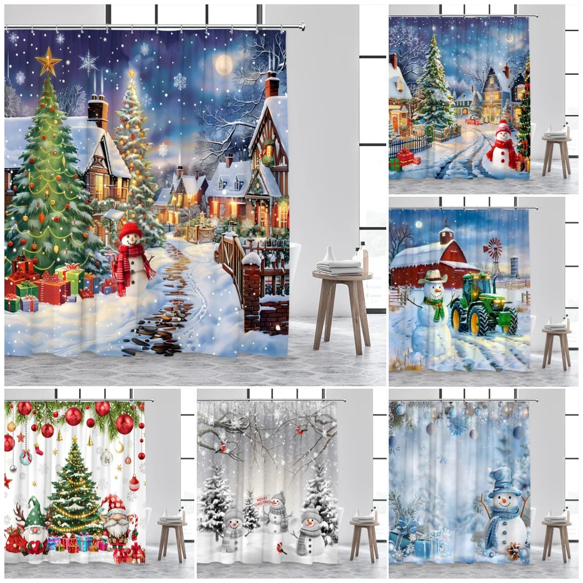 Christmas Shower Curtains Cute Snowman Santa Claus Xmas Tree Winter Town Street Landscape Bath Curtain Home Bathroom Decor Set