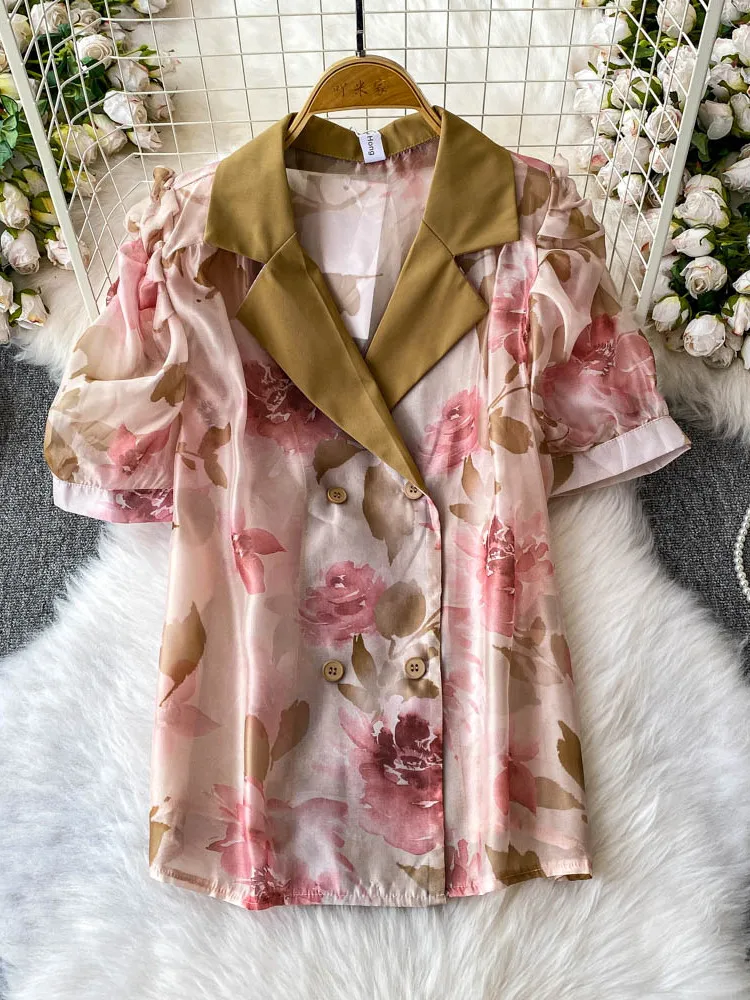 

Slimming Printed Loose Women's irt Jaet with Double Row Buttons Korean Sle Commute Faion Summer Casual Outerwear
