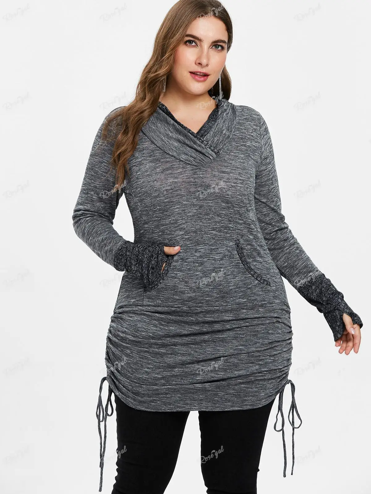 ROSEGAL-Plus Size Women's Front Pockets Cinched T-shirt, Long Sleeves, V-Neck, Casual Blouse, Tops, Gray Pullover Tees Autumn