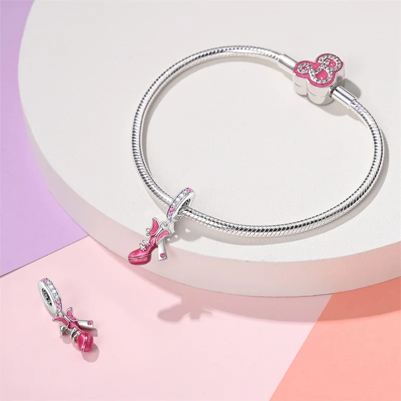 Abalorios de plata de ley 100% 925 para pulsera Pandora, bolsa de falda de princesa rosa, lápiz labial, compatible con pulseras originales, regalos de joyería DIY