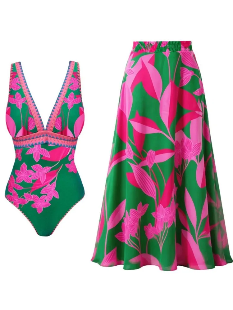 Retro Bikini Printed Fashion Two Piece Swimsuit And Cover Up With Skirt Tight Women's Bandage Summer Beach Luxury Elegant
