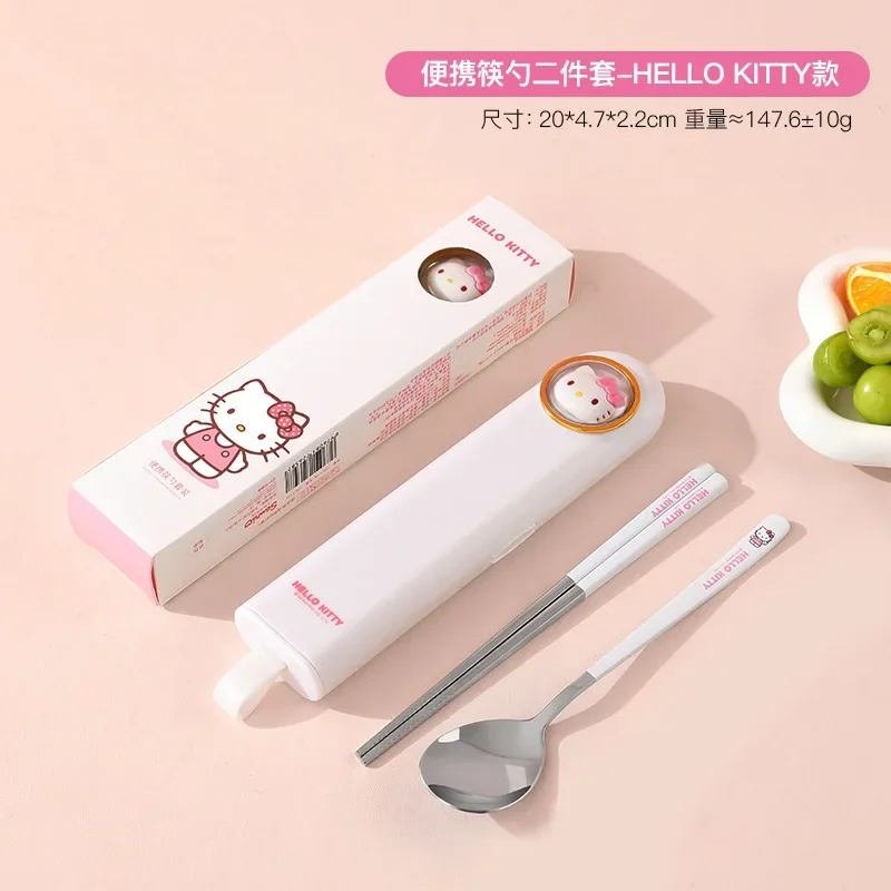 Sanrio-Juego de cubiertos de Hello Kitty, personaje de dibujos animados de Anime My Melody Cinnamoroll, caja de almacenamiento de cubiertos con cuchara, regalo de dibujos animados para niños