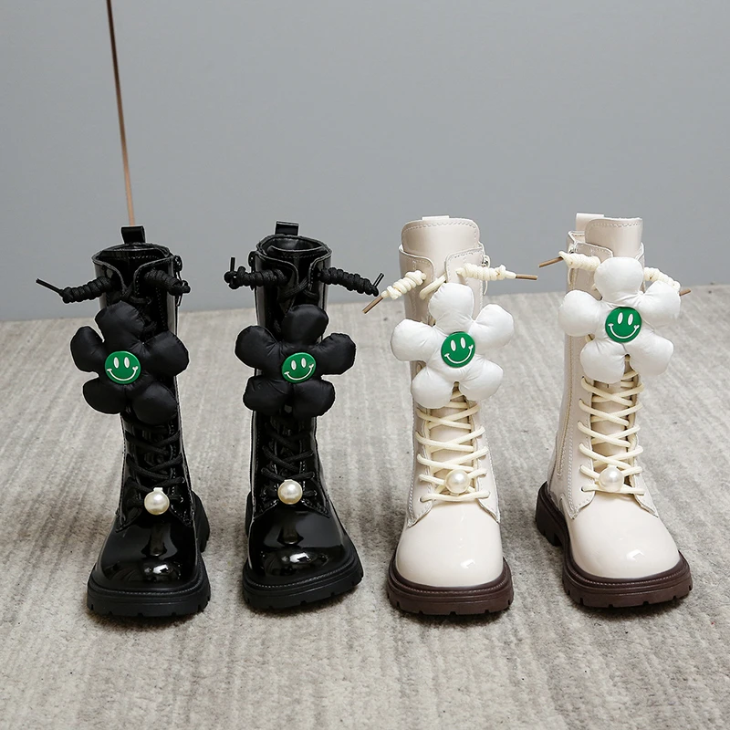 

Осенние длинные кожаные сапоги для девочек, 2021, детские модные ботинки принцессы на мягкой подошве, уличные детские ботинки с цветочным декором и улыбкой, плюшевые зимние