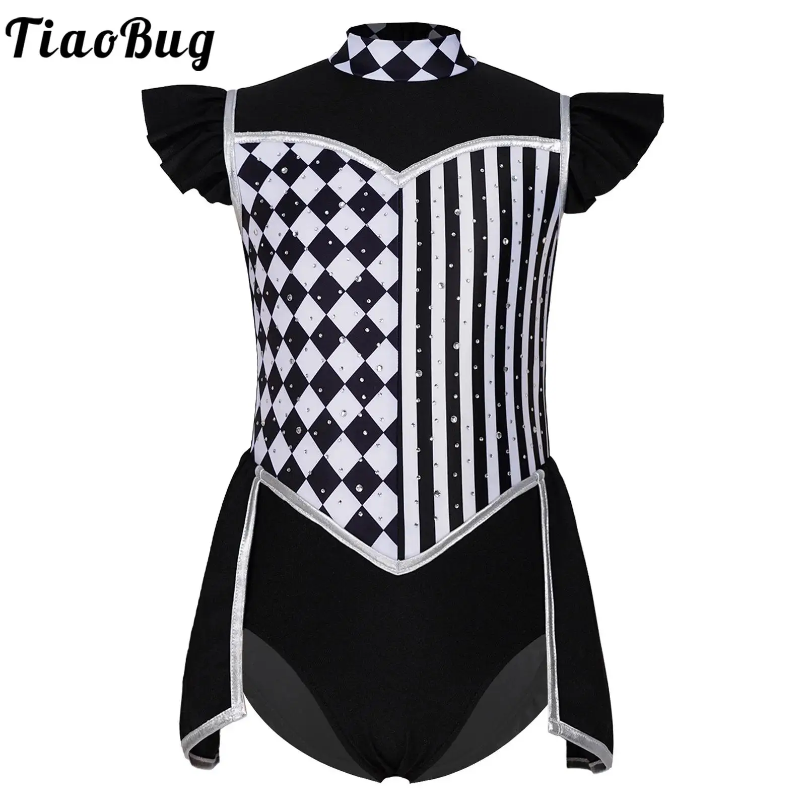 Kids Girls Circus Clown Costume Leotard Ballet Dance Dress Rhombus Striped Bodysuit Patchwork Skirted for Masquerade Halloween