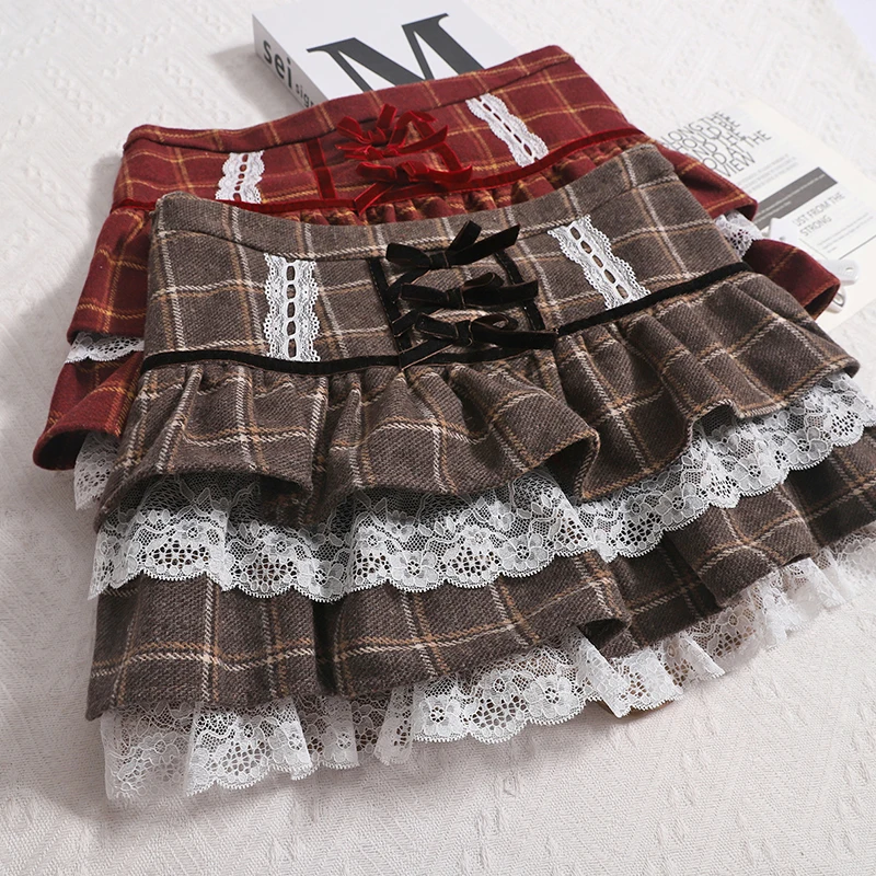 Gaganight Sweet Woolen Plaid Lace Fluffy Cake Skirt Women 2025 Spring New High Waisted A Word Hip Wrapped Skirts Bottoms Fashion