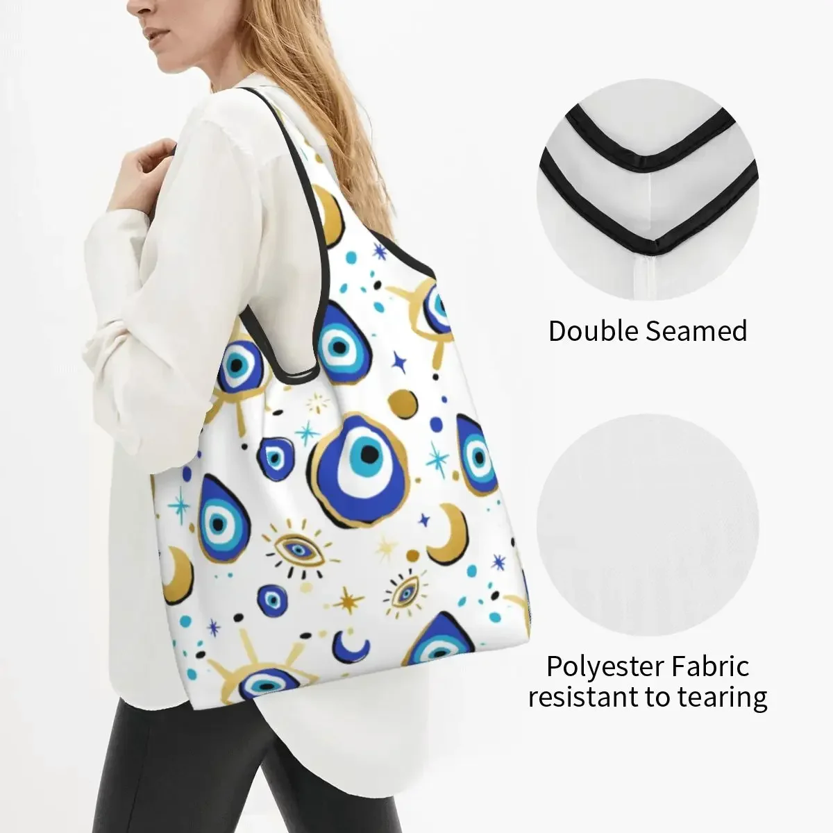 Mediterranean Blue And Gold Evil Eye Shopping Bags Women Portable Big Capacity Grocery Hamsa Nazar Amulet Boho Shopper Tote Bags